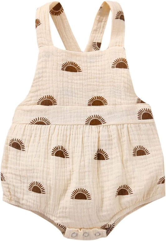 Newborn Girls Romper Jumpsuit Sun Print Sleeveless Cross Back Hairband One-Pieces Bodysuits Baby Clothing