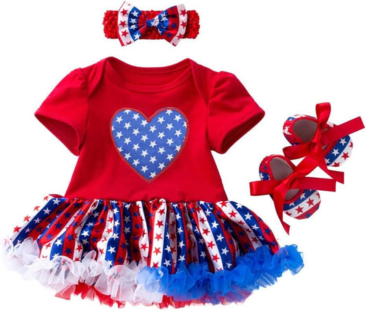 My 1St 4Th of July Outfits 3Pc Infant Baby Girls Independence Day Romper Bodysuit Tutu Dress Headband and Shoes