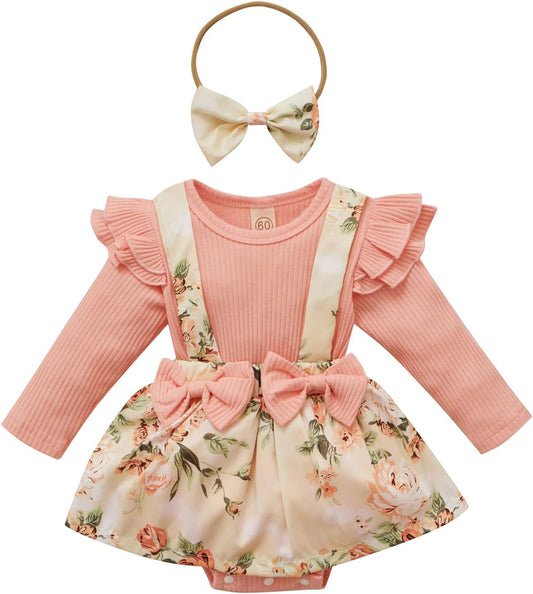 Newborn Infant Baby Girl Ruffle Long Sleeve Ribbed T-Shirt Top Floral Suspender Shorts Headband Winter Clothes