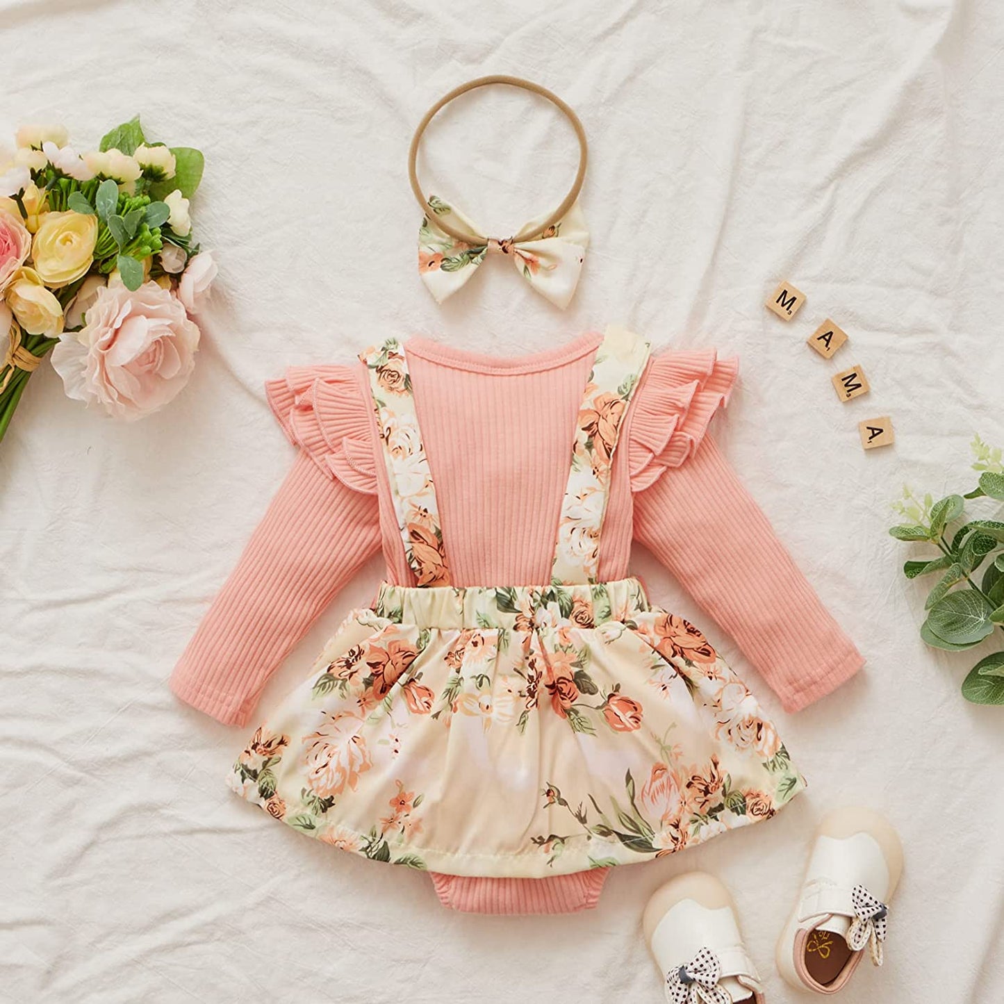 Newborn Infant Baby Girl Ruffle Long Sleeve Ribbed T-Shirt Top Floral Suspender Shorts Headband Winter Clothes