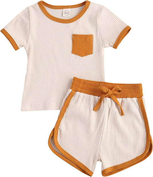Toddler Baby Boy Girl Summer Clothes Ribbed Short Sleeve T-Shirts Tees Tops+Drawstring Shorts Pants Outfits 2PCS Shorts Set